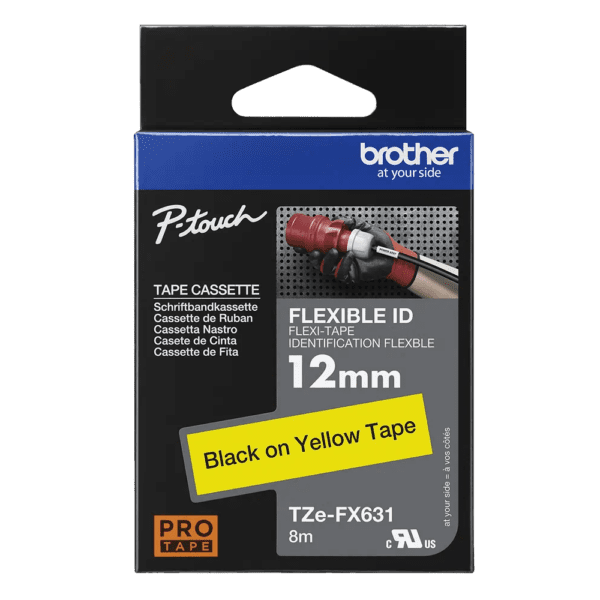 Cinta Brother Tzefx631 Cinta laminada flexible texto negro sobre fondo  amarillo 12 mm.