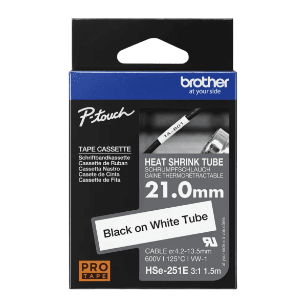 Cinta Brother Hse251E texto negro sobre fondo blanco  21mm.